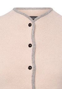 Hellrosa Strickjacke mit grauem Besatz und drei schwarzen Knöpfen an der Vorderseite, von der Halslinie bis zur Mitte der Brust dargestellt.