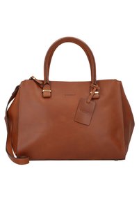 Bruine leren handtas met een gestructureerde vorm, dubbele handvaten en een afneembare schouderriem. Beschikt over een ritssluiting en een logo-tag.