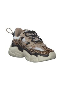 Chunky tenisky s leopardím vzorem a béžovým síťovaným svrškem, černými akcenty a texturovanou gumovou podrážkou. Obsahují šňůrky a poutko na patě.