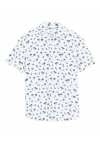 Camisa blanca de manga corta con un estampado de palmeras azules, un cuello sutil y un dobladillo recto. Tejido ligero con una textura suave.