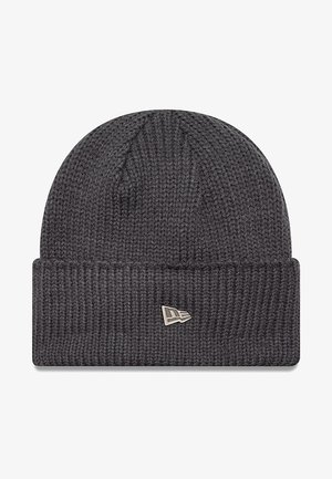 Gray knit beanie with a ribbed cuff. Features a small silver logo on the front. Made of textured, stretchy material for warmth.