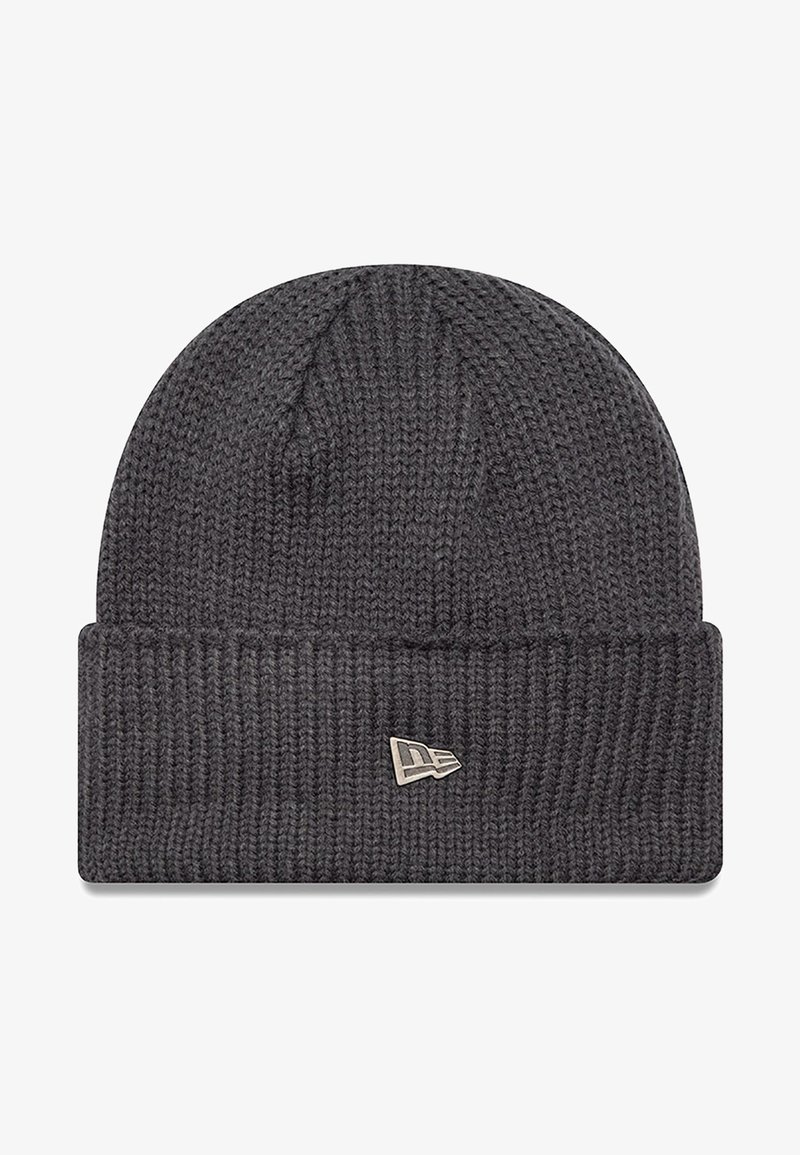 Gray knit beanie with a ribbed cuff. Features a small silver logo on the front. Made of textured, stretchy material for warmth.