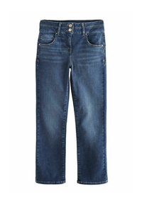 Tummansiniset farkut, keskipitkä vyötärö, viisi taskua, kaksipainikkeinen vyötäröhaka ja hieman kapeneva lahje. Sileä pinta.