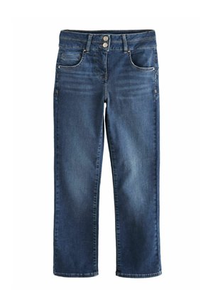 Jean en denim bleu foncé, avec une taille mi-haute, cinq poches, une fermeture à taille à deux boutons, et une jambe légèrement fuselée. Texture lisse.