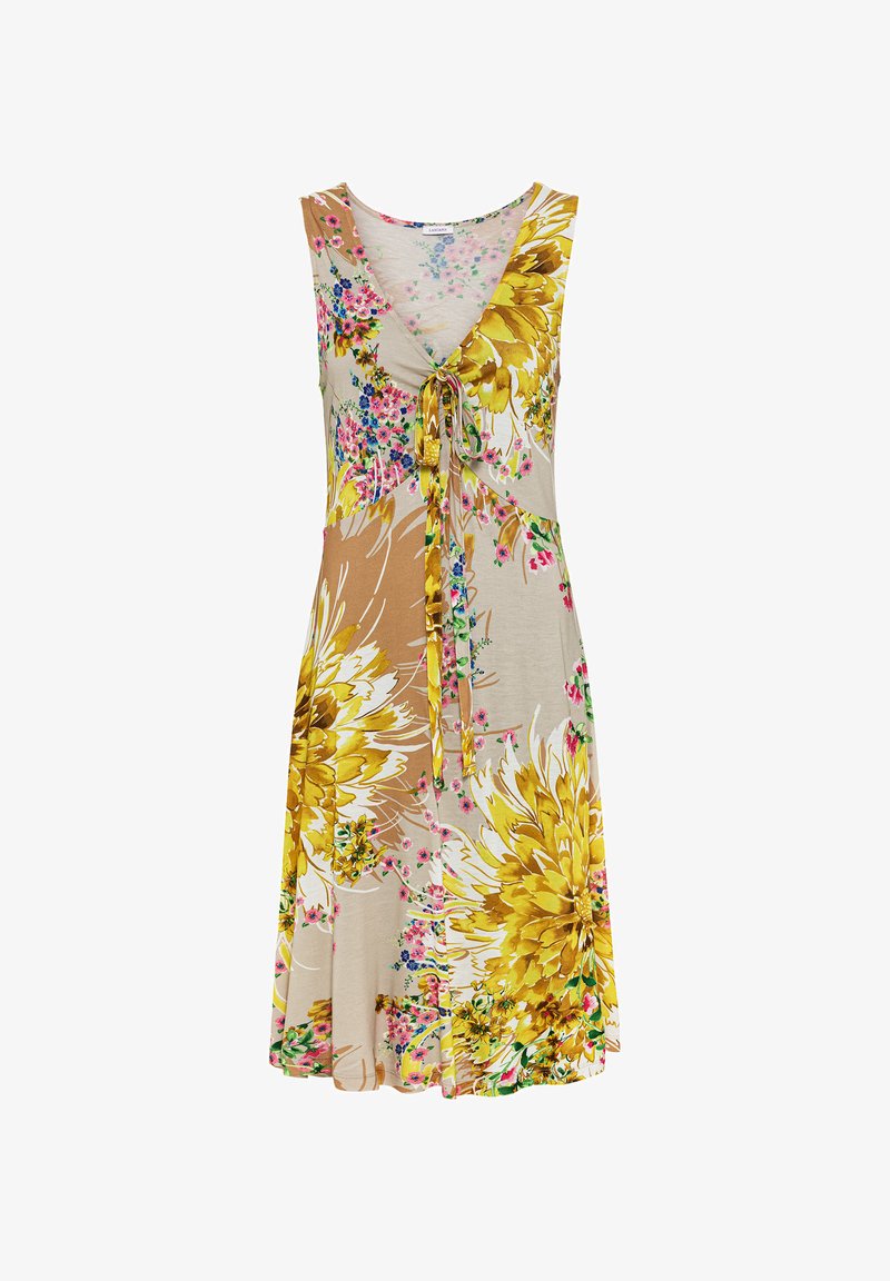 Blumenmusterkleid mit V-Ausschnitt, das gelbe und pinke Blumenmuster auf beige Hintergrund zeigt. Weicher Stoff mit einer Schleifenfrontdetails.