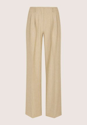 Beige wijde broek met een gestructureerde afwerking, voorzien van plooien aan de voorkant, een hoge taille en een rechte silhouet. Geen zichtbare hardware of patronen.
