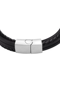 Bracciale in pelle intrecciata nera con chiusura metallica argento. La chiusura presenta un logo in rilievo e una finitura liscia e lucida.