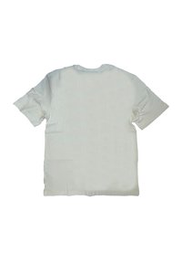 Weißes T-Shirt mit kurzen Ärmeln aus weichem Baumwollstoff, mit Rundhalsausschnitt und lockerer Passform; hat eine glatte, gleichmäßige Textur.
