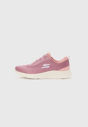 Low-profile pink athletic sneaker with lace-up closure, white sole, and white "S" logo on side.