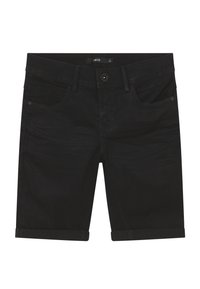Zwarte denim shorts met opgerolde cuffs, vijf-pocket ontwerp en een knoopsluiting. Stof vertoont een lichte textuur en subtiele vervaging.