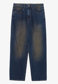 Jeans de mezclilla de pierna ancha en un azul oscuro con un acabado desgastado, que cuentan con cierre de botón en el frente, trabillas para cinturón y dos bolsillos delanteros.