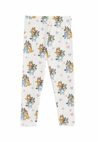 Witte leggings met een herhaald cartoonpatroon van honden en harten, gemaakt van zachte stof met een aansluitende pasvorm.