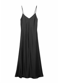 Schwarzes, elegantes Slip-Kleid mit V-Ausschnitt, dünnen verstellbaren Trägern und einer fließenden Silhouette aus einem glatten, leichten Stoff.