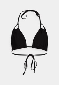 Top de biquíni preto com copas triangulares, tecido franzido e alças ajustáveis no pescoço e nas costas. Textura suave, design minimalista.