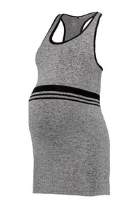 Gravid klänning med tanktop i grått stretchtyg med racerback-design. Har ett svart randigt accentband under bysten för stöd.
