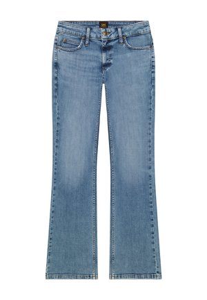 Jasnoniebieskie dżinsy bootcut z przodu i z tyłu z kieszeniami, szlufkami na pasek oraz zapięciem na guzik i suwak.