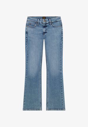 Jasnoniebieskie dżinsy bootcut z przodu i z tyłu z kieszeniami, szlufkami na pasek oraz zapięciem na guzik i suwak.