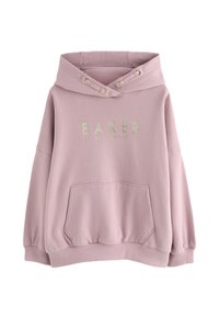 Lavendelfarbener Hoodie mit Fronttasche, gerippten Bündchen und Saum, überkreuzter Kapuze mit Metallösen und „BAKER by SEZ BAKER“ Aufdruck auf der Brust.