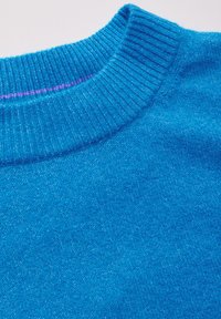 Maglione blu con colletto a girocollo a coste. Il tessuto è morbido, con una consistenza liscia e una leggera lucentezza. Presenta un delicato dettaglio a strisce viola sul colletto.