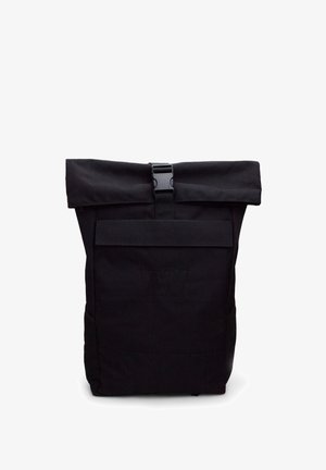 Black roll-top backpack made of textured material, featuring a front pocket and a clip closure. Minimalist design with embossed logo detail.