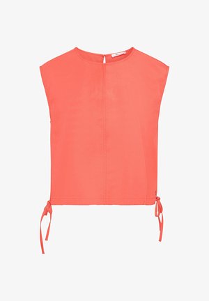 Koralfarvet ærmeløs bluse med rund halsudskæring, midtersøm, knaphulslukning med knap bagpå og justerbare bindebånd i siderne ved kanten.