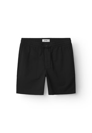 Melni peldēšanas šorti ar elastīgu jostu, auklas aizdari un teksturētu audumu. Priekšpusē ir mazs logotipa tags.