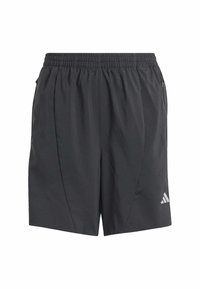 Bermudas deportivas negras con una cintura elástica, tejido ligero, bolsillos laterales y un acento de logo plateado en la parte inferior derecha.