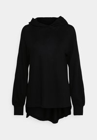 Schwarze Hoodie mit langen Ärmeln, lockerer Passform und abgerundetem Saum. Hergestellt aus weichem Stoff mit glatter Textur. Einfaches Design ohne Muster.