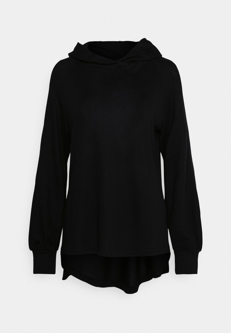 Schwarze Hoodie mit langen Ärmeln, lockerer Passform und abgerundetem Saum. Hergestellt aus weichem Stoff mit glatter Textur. Einfaches Design ohne Muster.