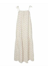 Vit maxiklänning med små rosa blommönster, tunna axelremmar, rynkad byst och en lagd fåll för extra textur.