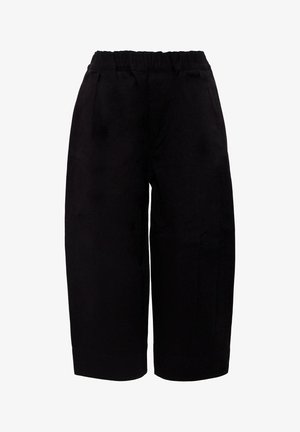 Pantaloni neri a gamba larga con cintura elastica, caratterizzati da una texture liscia e tasche laterali, progettati per comfort e facilità di utilizzo.