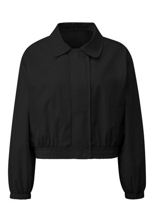 Black cropped jacket with long sleeves, button closure, elasticized cuffs, and hem, featuring a classic collar.