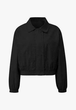 Zwarte cropped jas met lange mouwen, knoopsluiting, elastische manchetten en zoom, voorzien van een klassieke kraag.