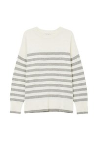 Hellbeiger Pullover mit horizontalen grauen Streifen, rundem Ausschnitt und gerippten Bündchen sowie Saum. Weicher Stoff und entspannter Schnitt.