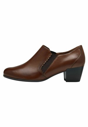 Brown leather slip-on shoe with a rounded toe, textured side panel, and a moderate black block heel. Features scalloped detailing.