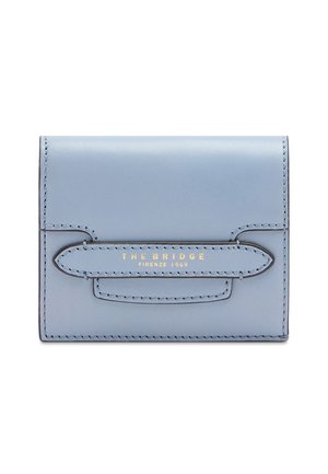 Portefeuille en cuir bleu clair avec surpiqûres, rabat à l’avant et inscription dorée « "The Bridge Firenze 1969" » sur le devant.