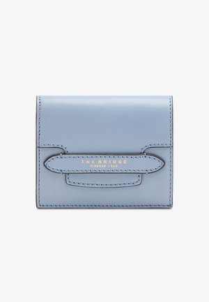 Portefeuille en cuir bleu clair avec surpiqûres, rabat à l’avant et inscription dorée « "The Bridge Firenze 1969" » sur le devant.