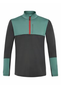 Viertelzip-Pullover in Schwarz und Türkis, mit einem roten Reißverschluss. Glattes Material mit kontrastierenden Farbblöcken und einem hohen Kragen.