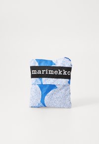 Blue printed pouch with abstract shapes, made from fabric. Features a black band with "marimekko" text. Soft texture, folded design.
