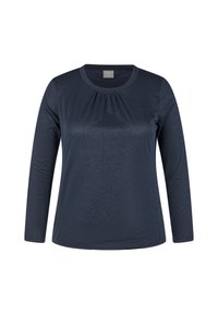 Marineblaues Langarmshirt mit leichtem Glanz, Rundhalsausschnitt und dezenten Raffungen unter dem Kragen.