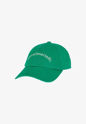 Grüne Baumwoll-Baseballmütze mit gebogenem Schirm, auf der Vorderseite mit dem Text "disco(nnected)" in einer kontrastierenden hellen Farbe bedruckt.