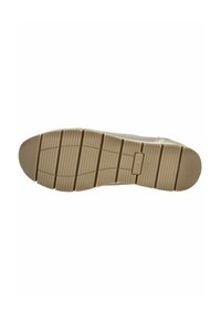 Zapato gris claro con parte superior texturizada y suela de goma marrón que presenta ranuras horizontales para tracción y una ligera curva en la punta.