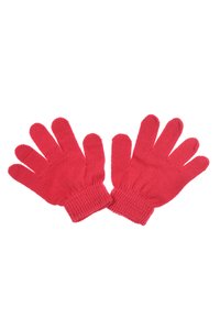 Red knitted gloves with a smooth texture, ribbed cuffs, and five finger design. Material appears warm and stretchy for comfort.