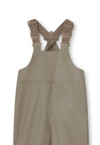 Khaki overalls lavet af vandafvisende materiale, med justerbare stropper med sølvbetjening og et enkelt, funktionelt design.