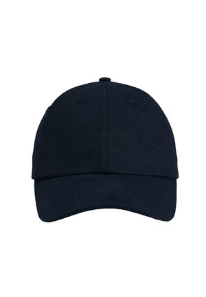 Czarna czapka baseballowa z zakrzywionym daszkiem i otworami wentylacyjnymi, widziana od przodu na białym tle.