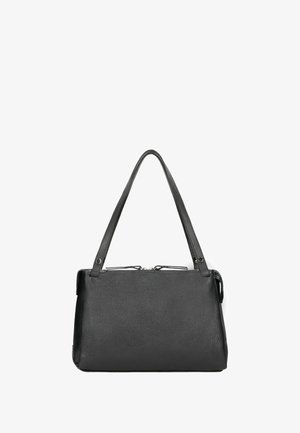 Borsa a tracolla nera in pelle con superficie texturizzata, due manici lunghi, chiusura con zip e forma rettangolare strutturata.