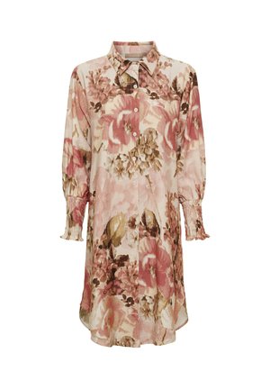 Langærmet skjortekjole med knapper, med pink og brun blomsterprint, rynkede manchetter og en klassisk krave på hvid baggrund.
