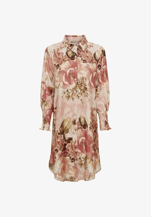 Langærmet skjortekjole med knapper, med pink og brun blomsterprint, rynkede manchetter og en klassisk krave på hvid baggrund.