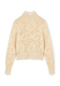 Krémový pletený svetr s vysokým volánkovým límcem, složitým vzorem s otevřenou strukturou a vroubkovaným lemem. Měkká textura a dlouhé rukávy.