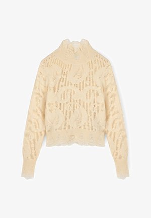 Cardigan di colore crema con colletto alto a balze, modello a lavoro a maglia intricata e orlo scallop. Tessuto morbido e maniche lunghe.